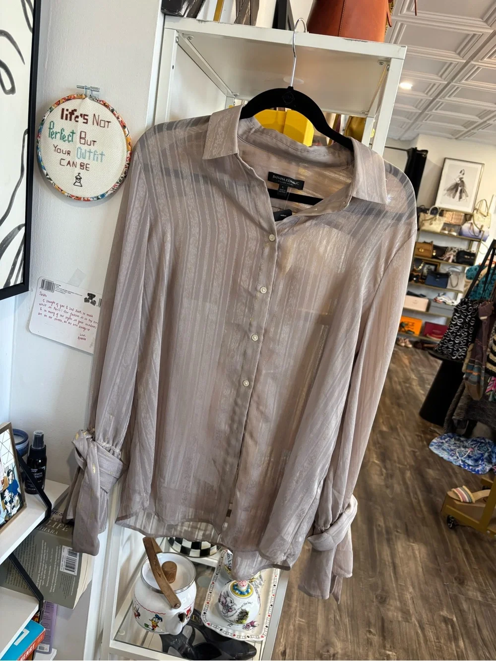Banana Republic Silver-Taupe Sheer Button-Down Blouse - Picture 1 of 3